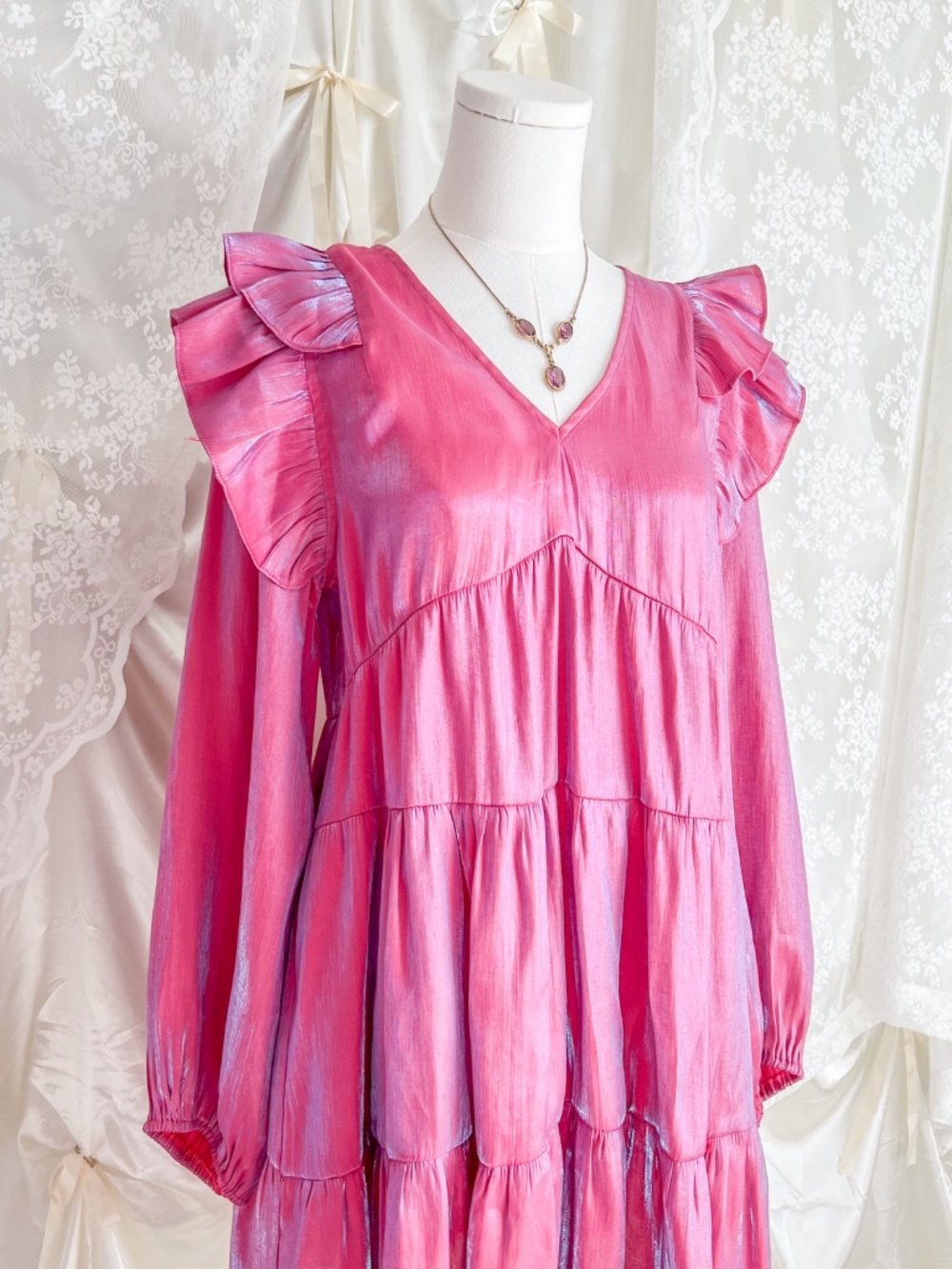 Umgee Pink Glowy Ruffle Sleeve Mini Dress – Fairycore Prairie Babydoll Dress - Picture 2 of 5